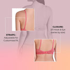 Hawty Shotty Lightly Padded Seamless T-Shirt Bra | Full Coverage Wire-Free Lacy Padded Cotton Bra for Women | Adjustable Straps - Pink