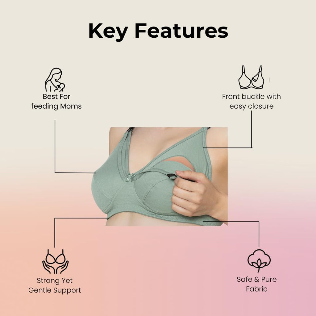 LA-Amour Maternity Bra | Non-Padded, Non-Wired Cotton Blend Feeding Bra for Breastfeeding Moms | Full Coverage Seamed Bra for Lactating Mothers - Green