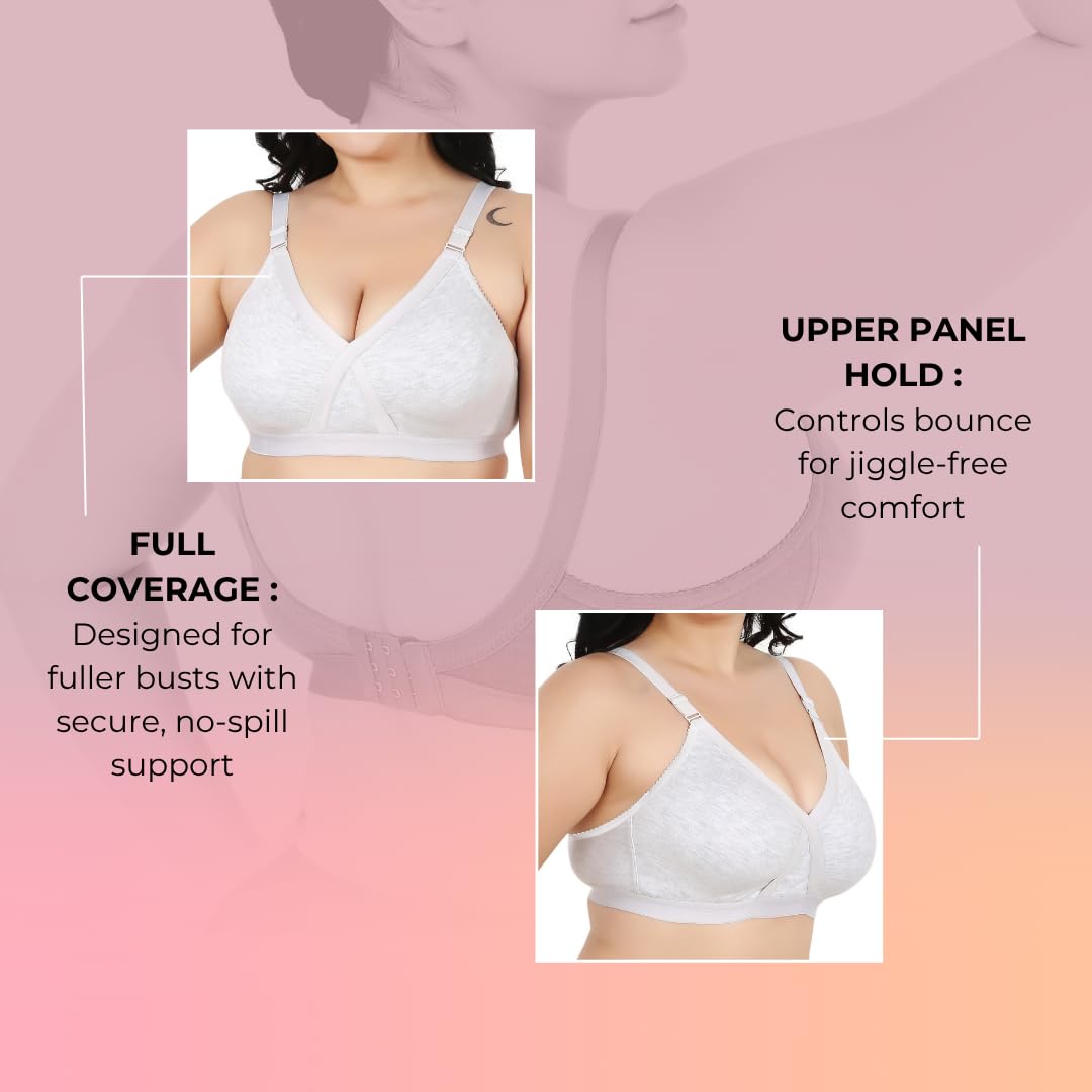 Heaven Full Coverage Non-Padded Cotton Melange Bra | Front-Cross Seamed Support Bra for Heavy Bust | Minimizer Innerwear for Women & Daily Use - White
