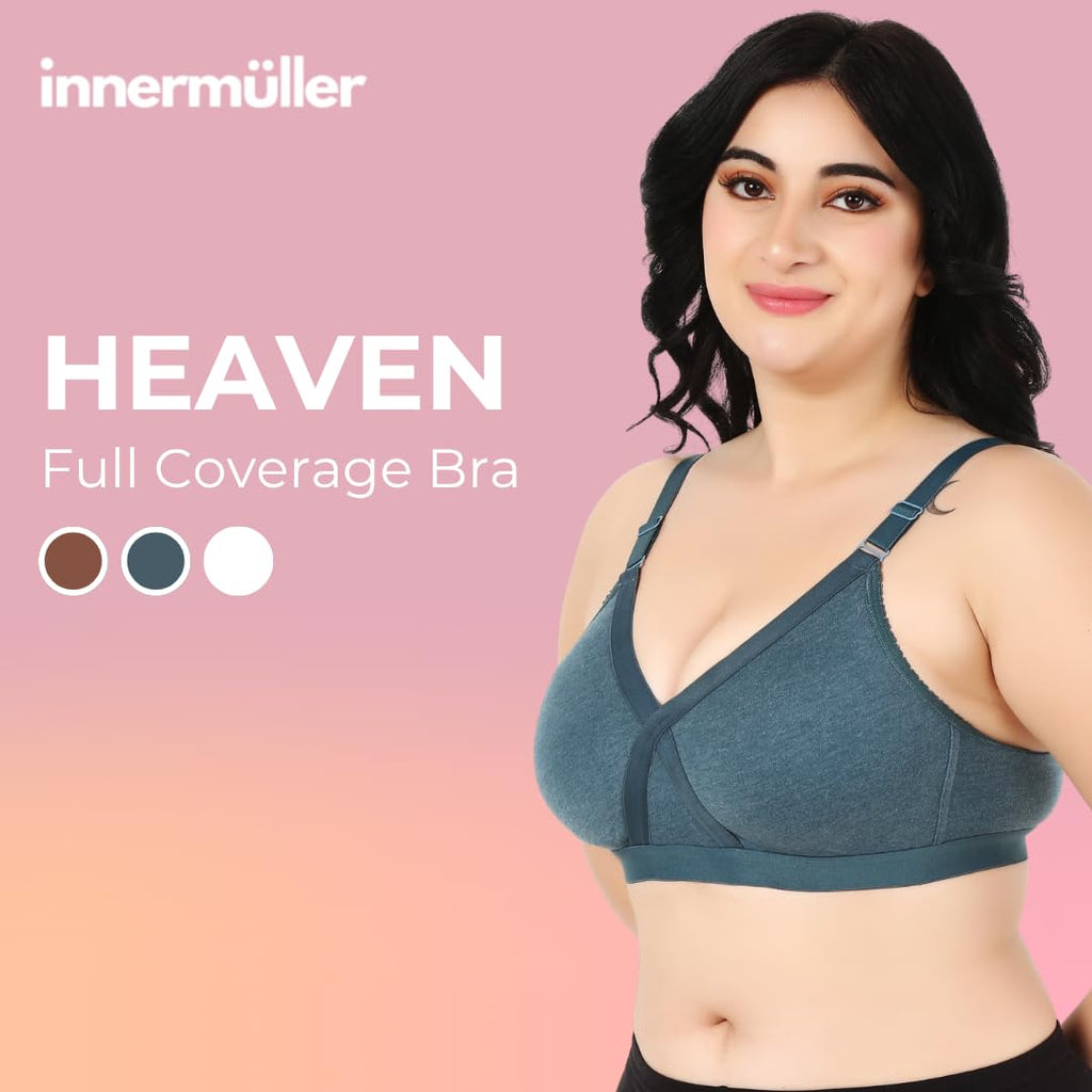Heaven Full Coverage Non-Padded Cotton Melange Bra | Front-Cross Seamed Support Bra for Heavy Bust | Minimizer Innerwear for Women & Daily Use - Sea Green