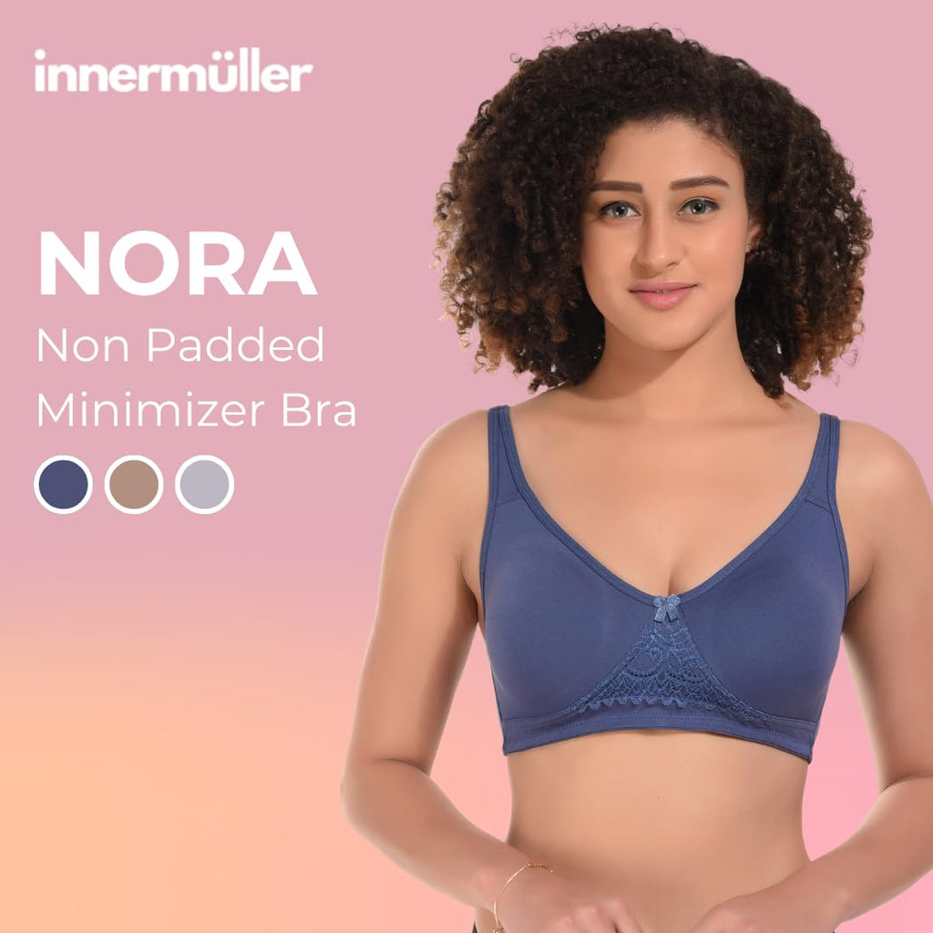Nora Full Coverage Non-Padded Cotton Blend Minimizer Bra | Seamed Support Bra for Heavy Bust | Everyday Innerwear Bra for Women - Blue