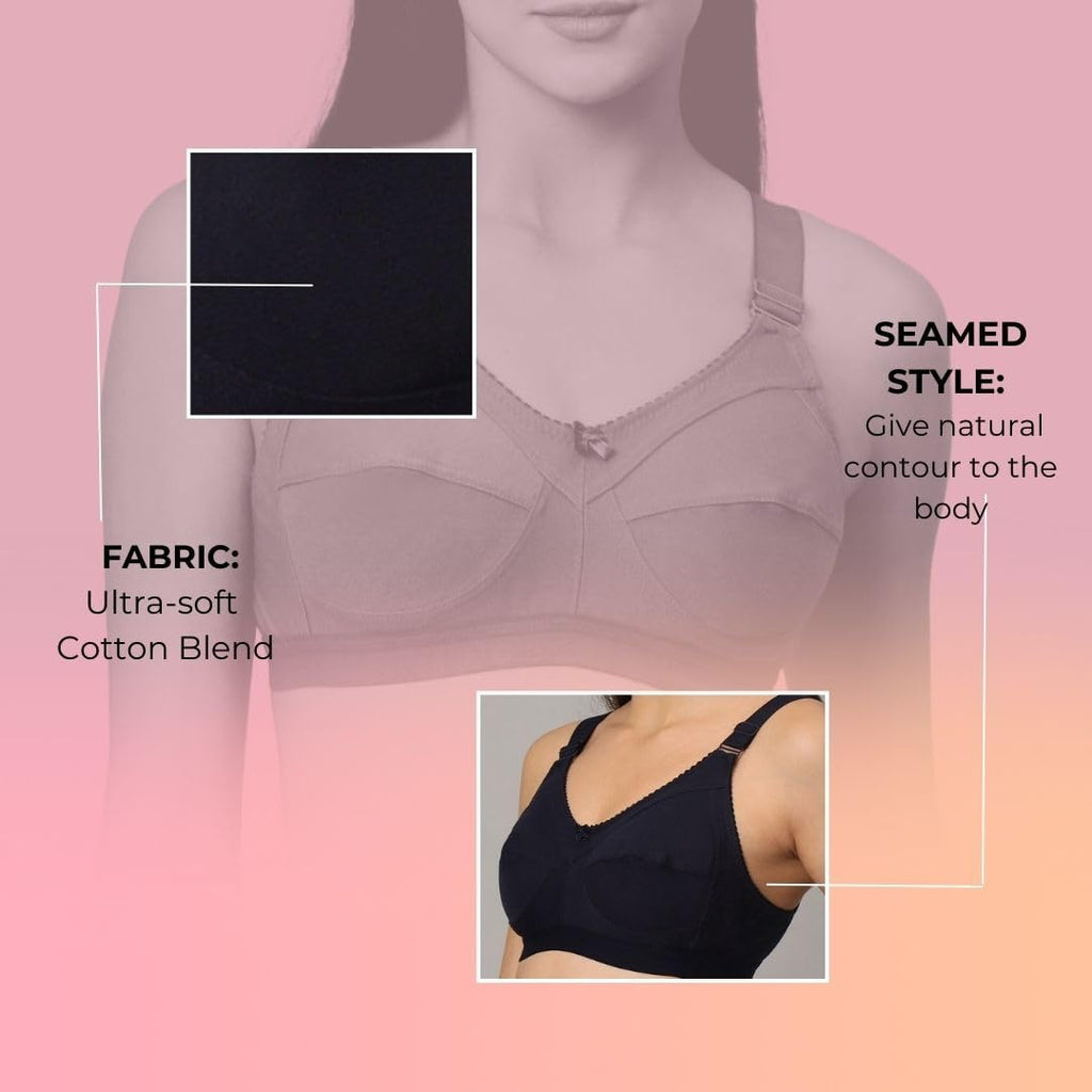 Savauge Full Coverage Non-Padded Cotton Blend Bra | Seamed Support Bra for Heavy Bust with Adjustable Straps | Minimizer Bra for Women - Navy Blue