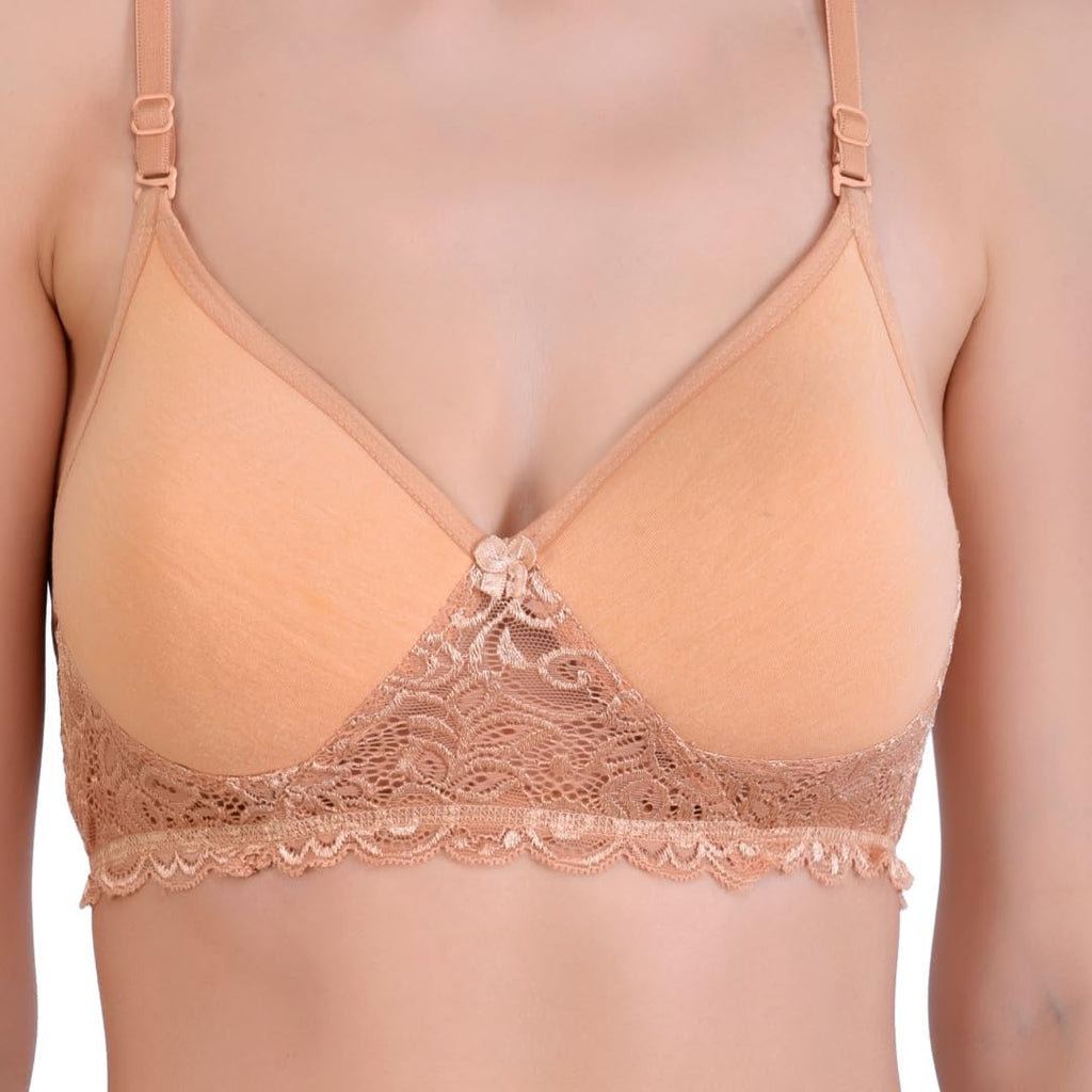 Hawty Shotty Lightly Padded Seamless T-Shirt Bra | Full Coverage Wire-Free Lacy Padded Cotton Bra for Women | Adjustable Straps - Skin