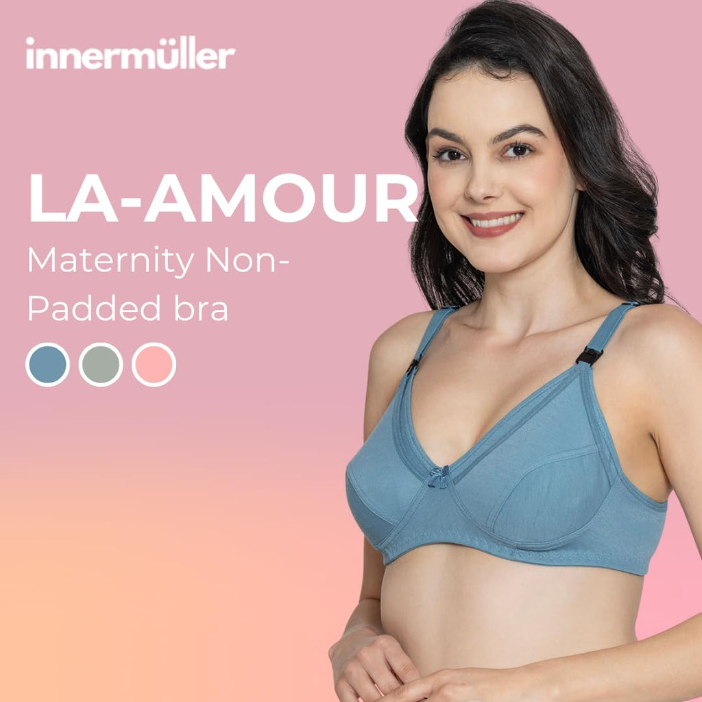LA-Amour Maternity Bra | Non-Padded, Non-Wired Cotton Blend Feeding Bra for Breastfeeding Moms | Full Coverage Seamed Bra for Lactating Mothers - Blue
