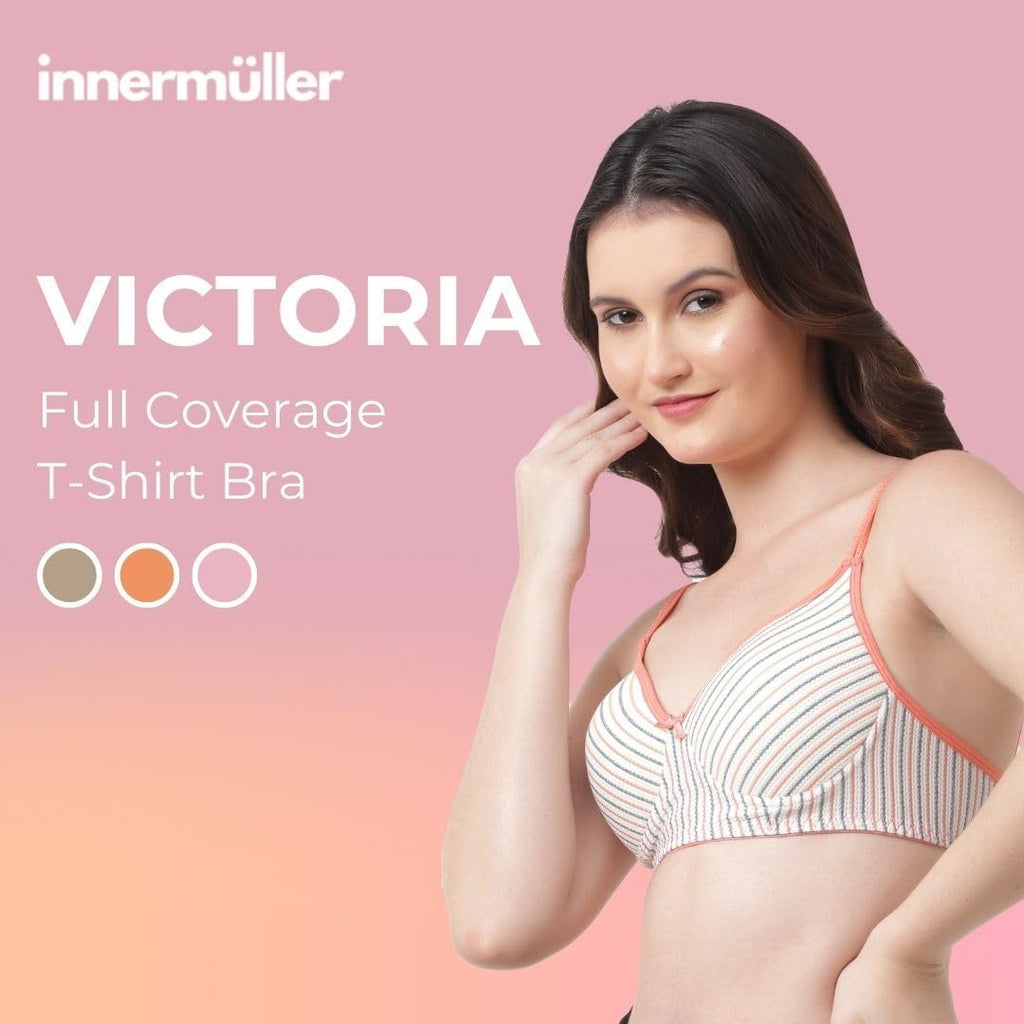 Innermuller VICTORIA Women's Cotton Lightly Padded Everyday Bra | Full Coverage | Soft Wire-Free Innerwear (Green, Orange, Pink)
