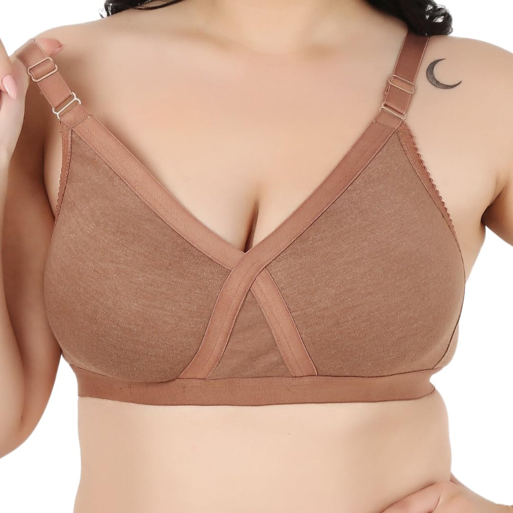 Heaven Full Coverage Non-Padded Cotton Melange Bra | Front-Cross Seamed Support Bra for Heavy Bust | Minimizer Innerwear for Women & Daily Use - Brown