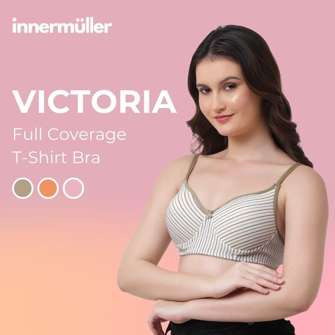Innermuller VICTORIA Women's Cotton Lightly Padded Everyday Bra | Full Coverage | Soft Wire-Free Innerwear (Green, Orange, Pink)