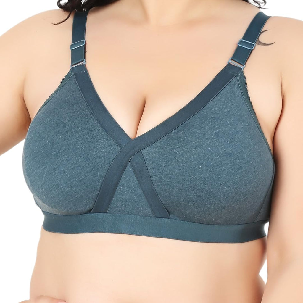 Heaven Full Coverage Non-Padded Cotton Melange Bra | Front-Cross Seamed Support Bra for Heavy Bust | Minimizer Innerwear for Women & Daily Use - Sea Green