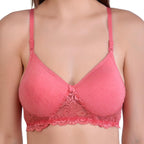 Hawty Shotty Lightly Padded Seamless T-Shirt Bra | Full Coverage Wire-Free Lacy Padded Cotton Bra for Women | Adjustable Straps - Pink