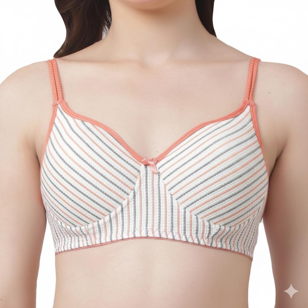 Innermuller VICTORIA Women's Cotton Lightly Padded Everyday Bra | Full Coverage | Soft Wire-Free Innerwear (Green, Orange, Pink)