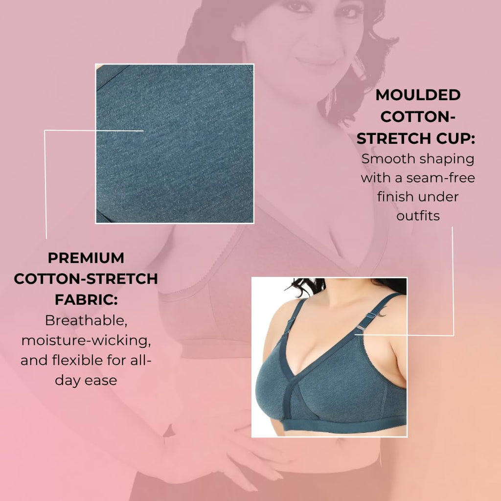 Heaven Full Coverage Non-Padded Cotton Melange Bra | Front-Cross Seamed Support Bra for Heavy Bust | Minimizer Innerwear for Women & Daily Use - Sea Green